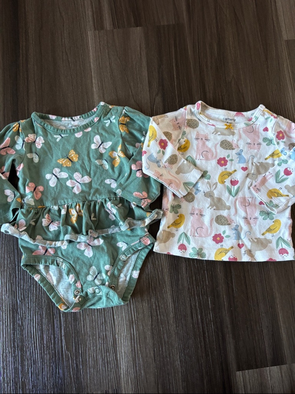 Carter's Green Butterfly Ruffle Bodysuit & White Animal Print Top